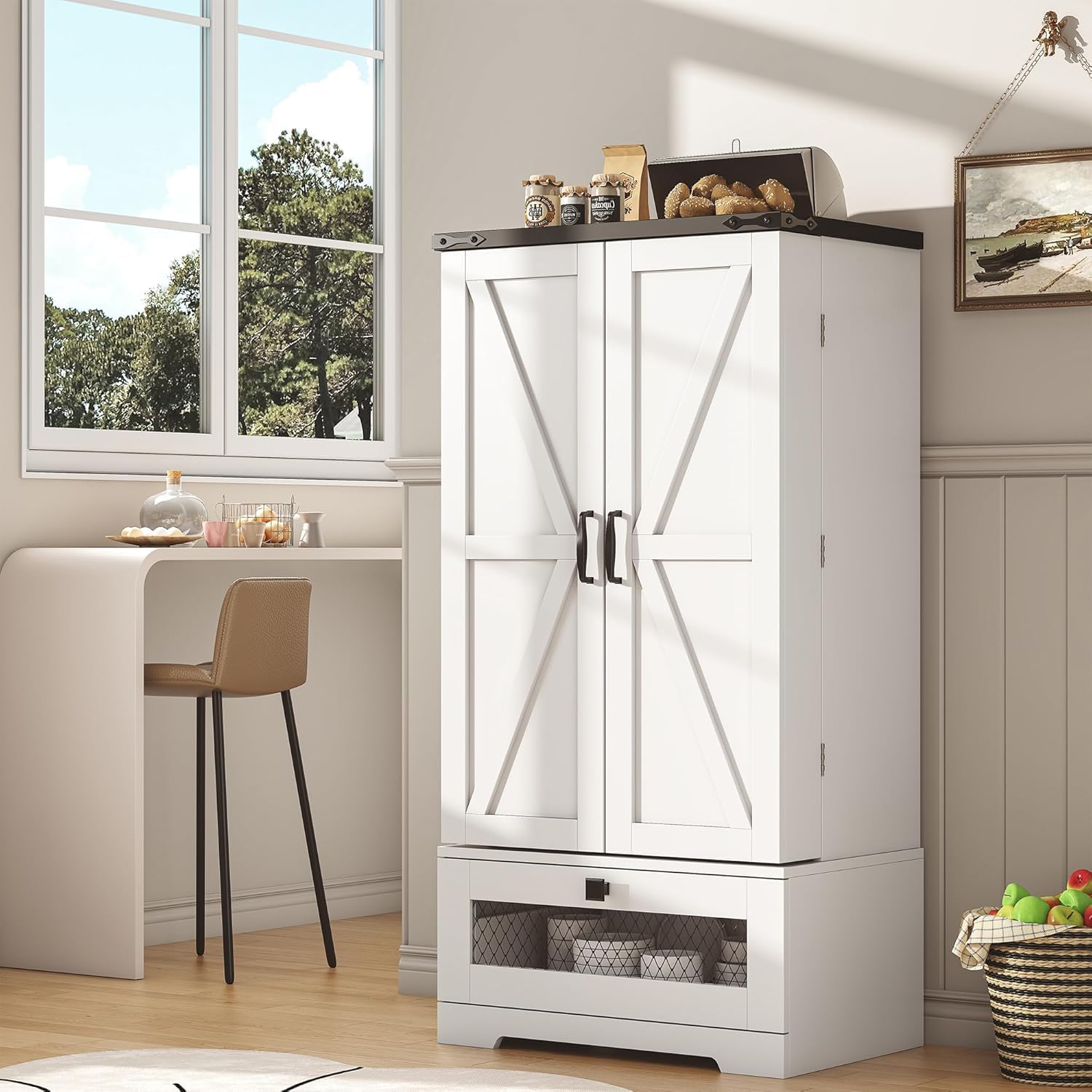 kepptory Farmhouse Pantry Cabinet with Barn Door & Adjustable Shelves, Freestanding Kitchen Storage Cabinet for Dining Room, Bathroom, Hallway (White)