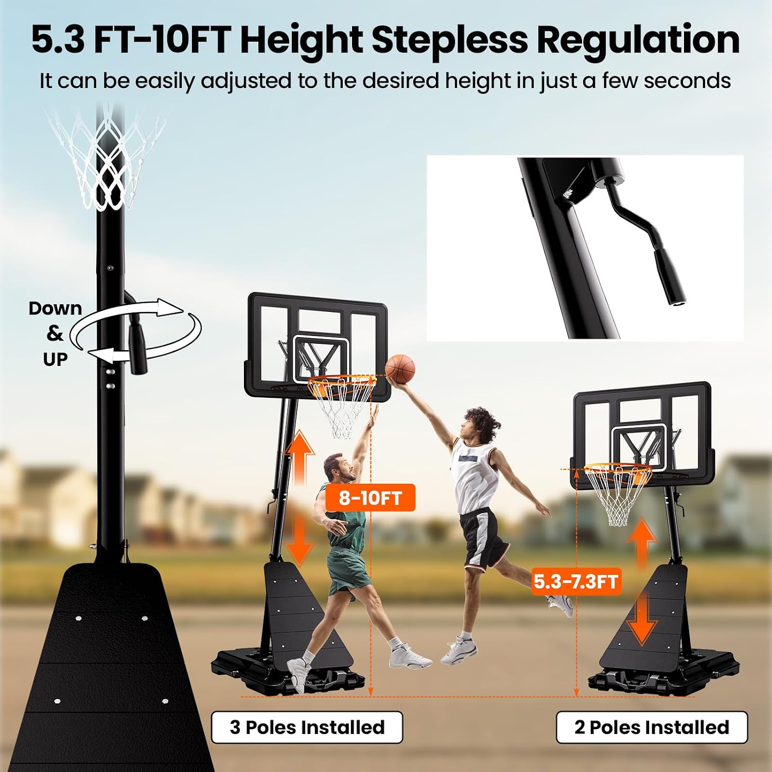 BACKYARD BLITZ Basketball Hoop,44in Backboard Portable Basketball Goal System, 10FT Hand-Crank Adjustable Basketball Hoop Outdoor