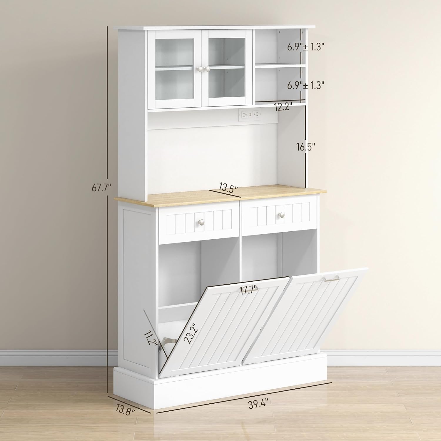 68' Charging Station Freestanding Storage Cabinet, Kitchen Storage Bakers Rack with Tilt-Out Trash Cabinets, Utility Food Cupboard with Adjustable Shelf for Kitchen Living Spaces, White