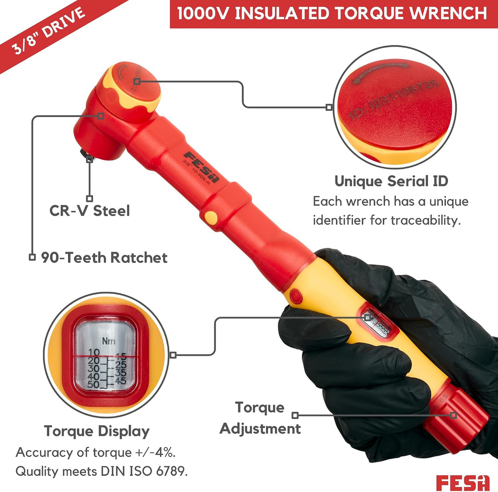 FESA Insulated Torque Socket Set - 16-Piece 1000V Insulated Tool Set w/ 3/8' Drive Insulated Torque Wrench (10-50 Nm), 8 Metric Sockets, 4 Hex Bit Sockets, 2 Extension Bars, T-Handle & Protective Case