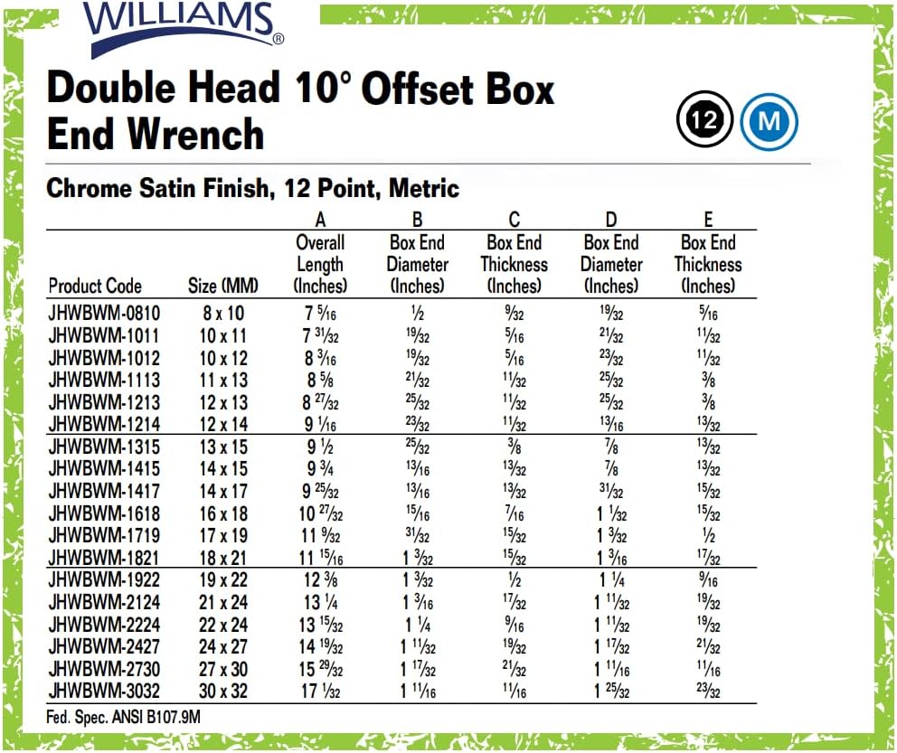 Williams MWS-BWM10 10-Piece Double Head 10-Degree Offset Box End Wrench Set