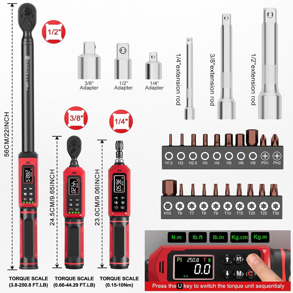 SUERCUP 1/4'&3/8'&1/2' Digital Torque Wrench Set(0.15-10Nm&0.66-44.29Ft.Lb/0.9-60N.m&3.8-250.8Ft.Lb/5.1-340Nm), with Vibration, Buzzer,LED Notification and Five Units of Measure, for Car,Moto Repair