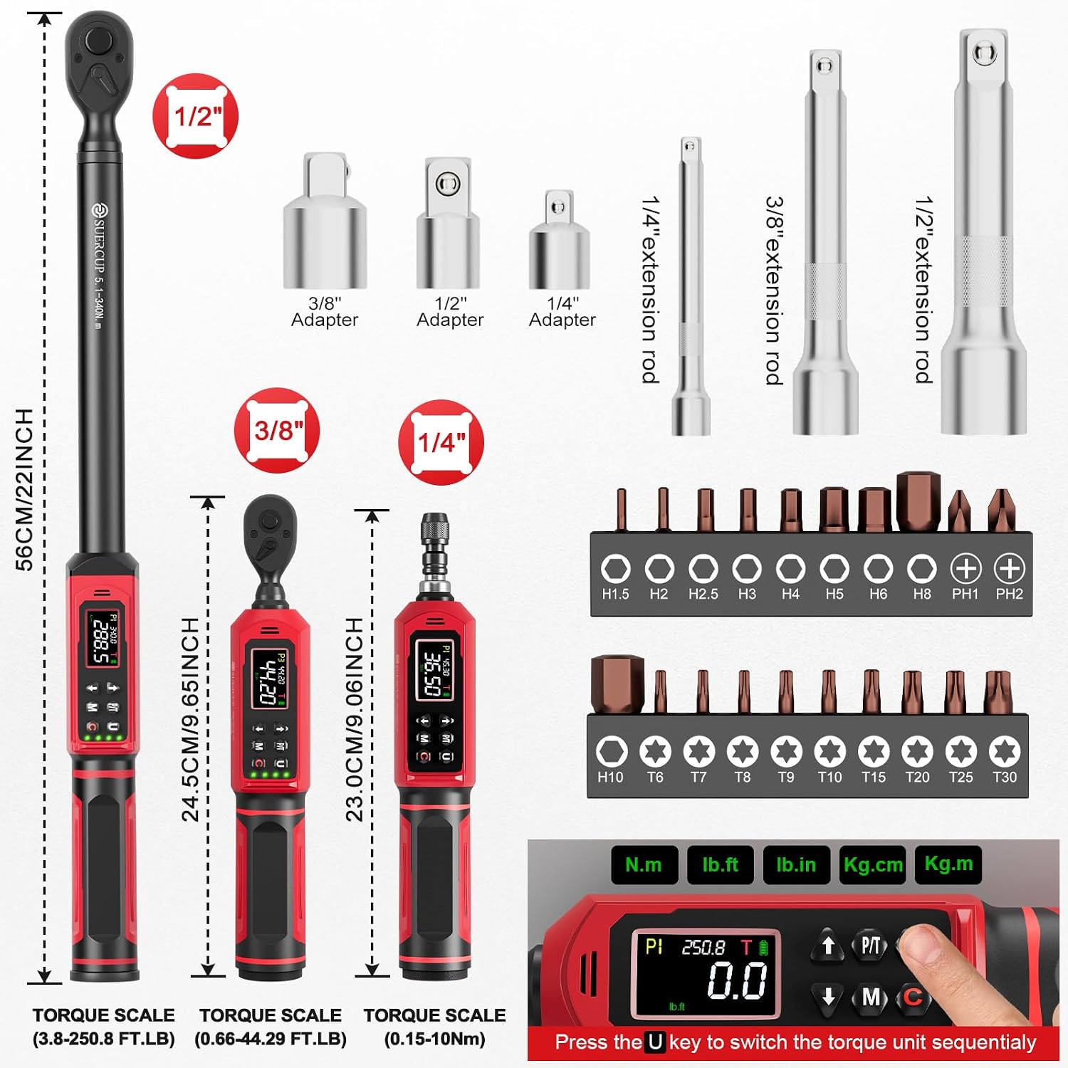 SUERCUP 1/4'&3/8'&1/2' Digital Torque Wrench Set(0.15-10Nm&0.66-44.29Ft.Lb/0.9-60N.m&3.8-250.8Ft.Lb/5.1-340Nm), with Vibration, Buzzer,LED Notification and Five Units of Measure, for Car,Moto Repair
