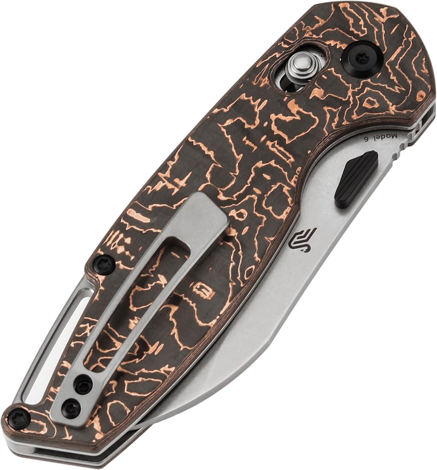 KANSEPT Model 6 Folding Knife, 3.1'' Stonewashed CPM S35VN Sharp Blade, Copper Carbon Fiber Handle with Crossbar Lock, Thumb Stud Pocket Clip for EDC, Camping, Hiking K1022V2