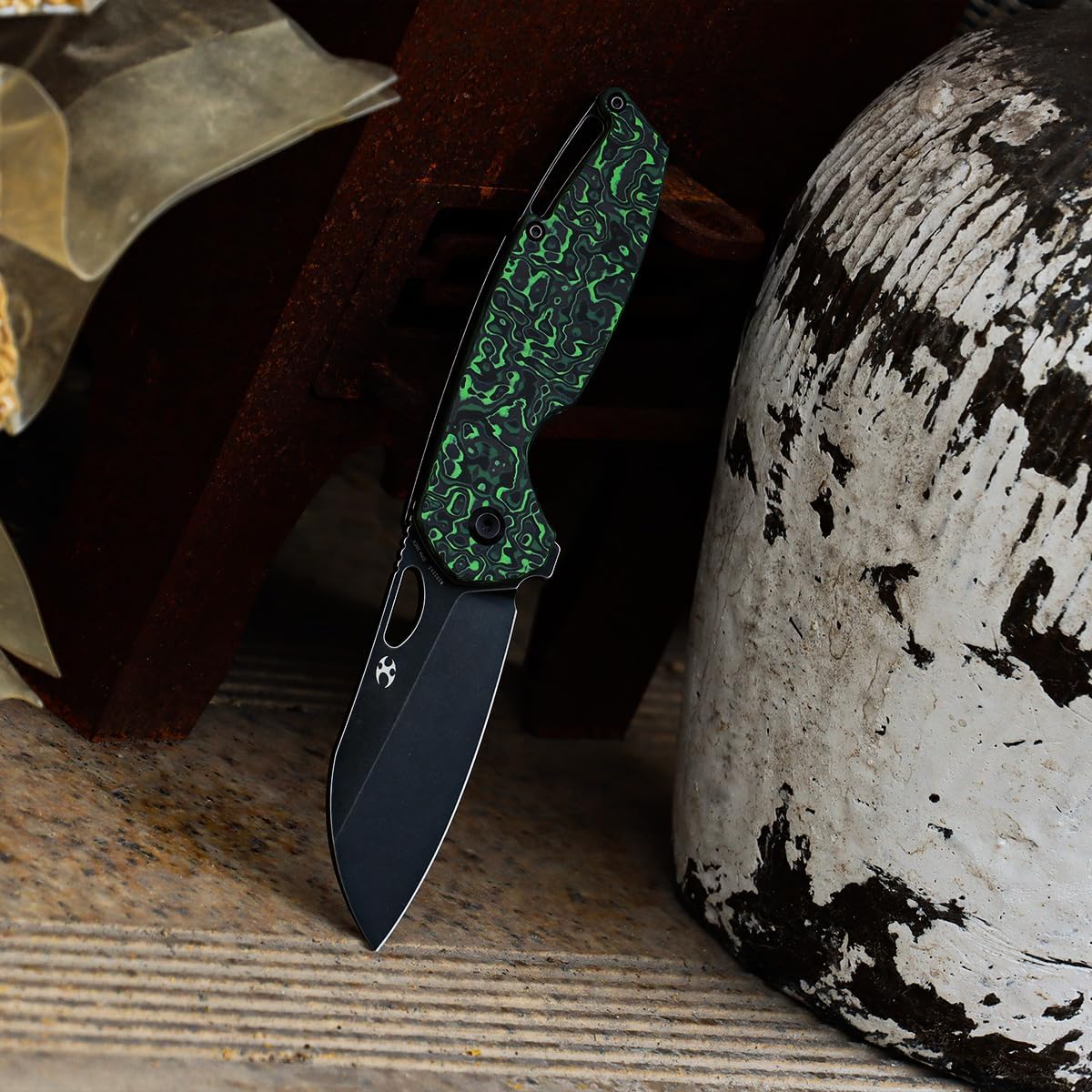 KANSEPT Model 6 Pocket Folding Knives EDC Camping Folding Knife 3.1'' Black Stonewashed CPM 20CV Material Pocket Folding Knife with Green Carbon Fiber Handle Everyday Carry K1022A5