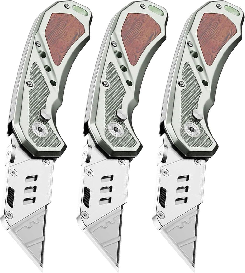 Box Cutter with Belt Clip, Heavy Duty Utility Knife for Cartons, Cardboard, Carpet and Leather, with Wood Handle and Extra 11 SK5 Blades(*3)