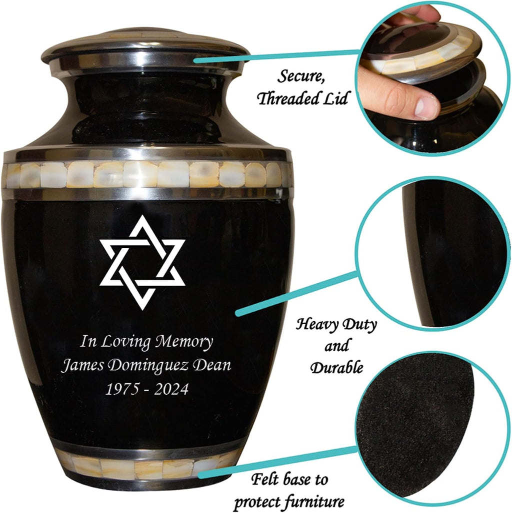 Star of David Cremation Urn for Human Ashes, Jewish Cremation Urn, Religious Ash Urns with Personalized Engraving (Black Mother of Pearl)