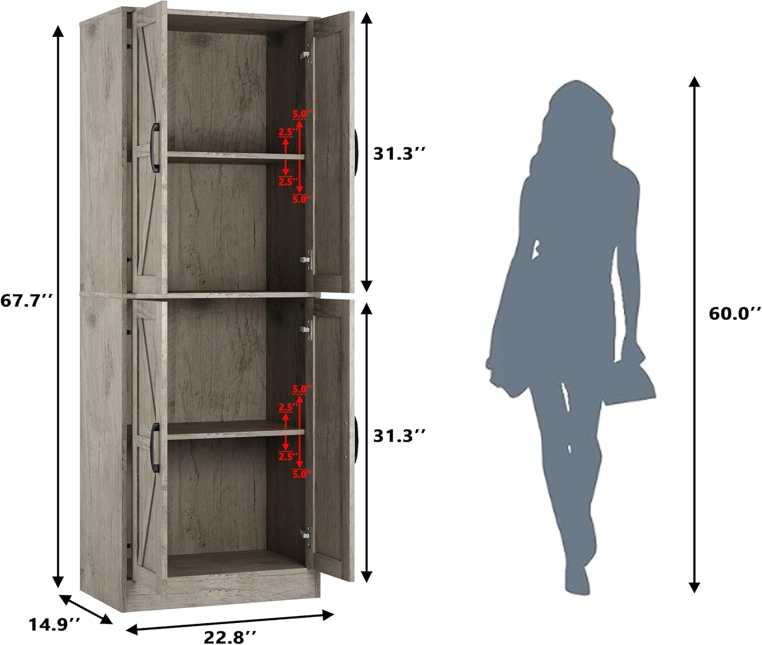 Storage Cabinet,Kitchen Pantry Cabinet,Kitchen Pantry Storage Cabinets with 4 Doors,Tall Kitchen Pantry with Adjustable Shelves,Cupboard for Kitchen,Pantry,Dining Room,Living Room and Bathroom,Gray