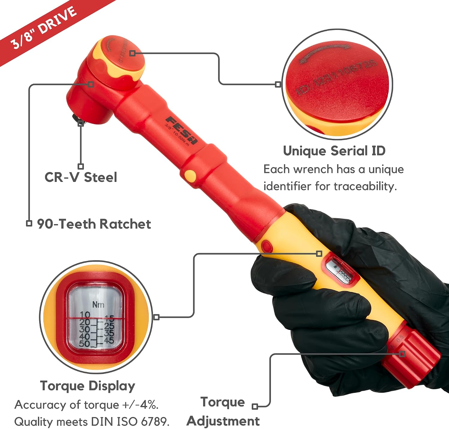 FESA Electrician Insulated Torque Wrench - 1000V Electrician Torque Wrench w/Easy Torque Adjustment & Scale Display - Each Insulated Wrench Has ID for Traceability (3/8' Drive, 10-50 Nm Range)