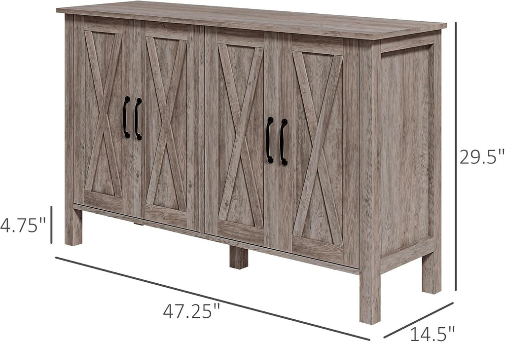 HOMCOM Buffet Cabinet, 47' Sideboard with 4 Barn Doors and 2 Adjustable Shelves, Farmhouse Coffee Bar Cabinet, Gray Wood Grain
