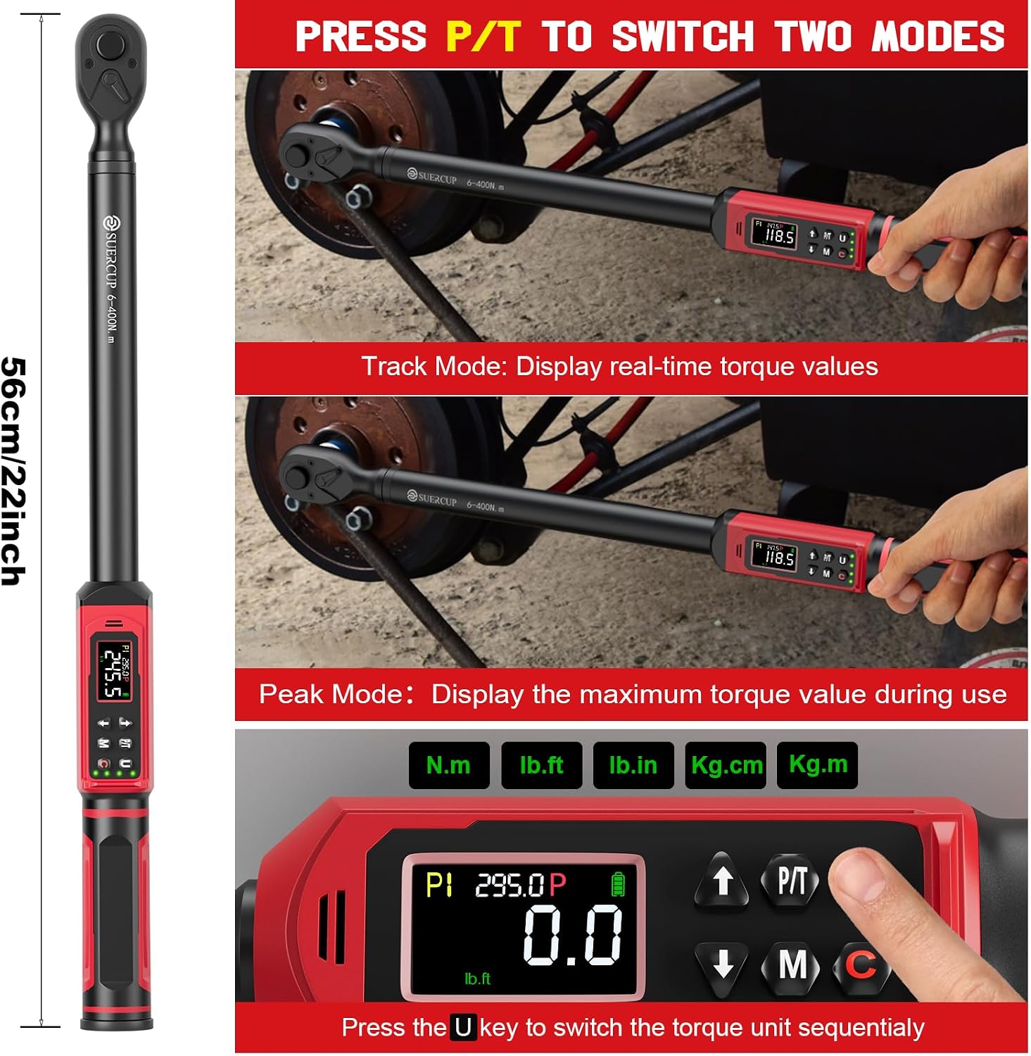 SUERCUP 1/2' Digital Torque Wrench (4.4-295 Ft.lb / 6-400Nm) for Auto/Truck | ±1% Accuracy with Vibration/Buzzer/LED Alerts, 9 Presets & 5 Units, for Engine, Suspension, Trailer & Industrial Assembly