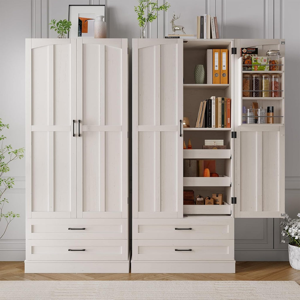 ONBRILL 71' Tall Farmhouse Kitchen Pantry Cabinet with 3 Pull Out Shelves & 2 Large Drawers, Pantry Storage Cabinet with 6 Door Shelf & Adjustable Shelf, Freestanding Cupboard for Kitchen, Dining Room