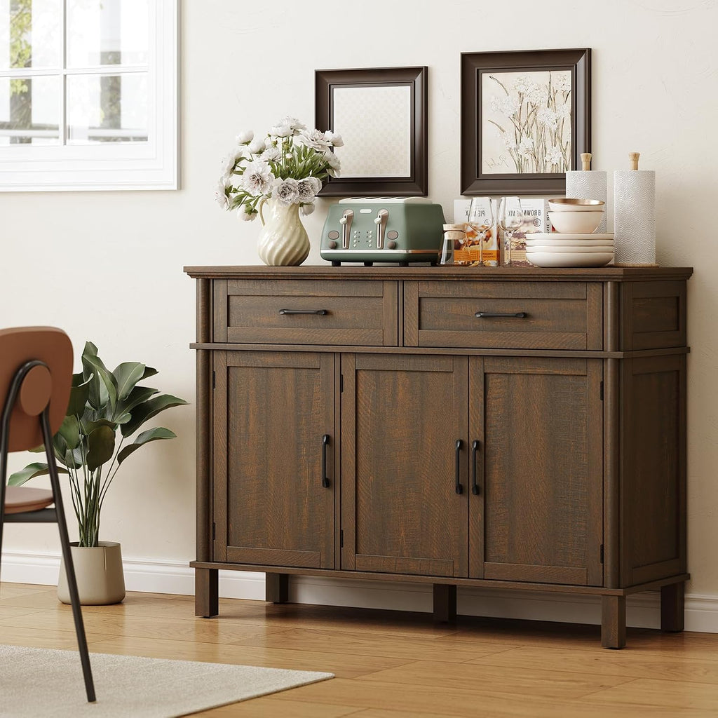 ONBRILL 48 Inch Buffet Cabinet with Storage, Farmhouse Sideboard Buffet w/2 Drawers and 3 Doors, Wood Coffee Bar Cabinet with Adjustable Shelves, Sideboard Storage for Kitchen, Living Room, Brown