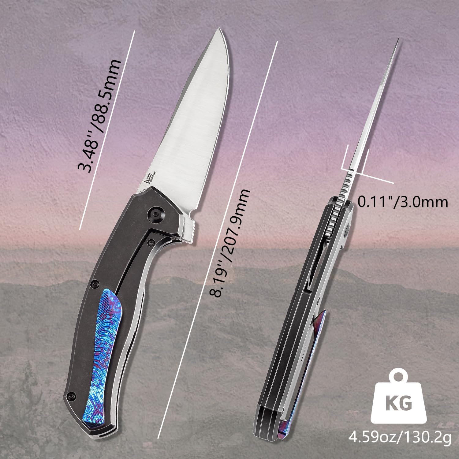 KANSEPT HAVØRN Pocket Folding Knives Camping Hiking Folding Knife 3.48'' Stonewashed CPM S35VN Blade Pocke Knife with Bronze Anodized Titanium Copper Carbon Fiber Inlay Handle Everyday Carry K1069A5