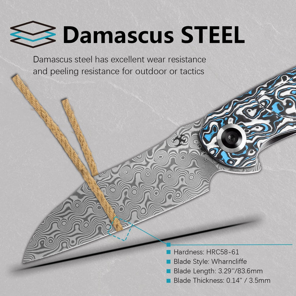 KANSEPT Prometheus Pocket Folding Knives for Men EDC Camping Folding Knife 3.29'' Damascus Material Pocket Folding Knife Liner Lock with Blue Whire Nebula Carbon Fiber Handle Everyday Carry K1040A3
