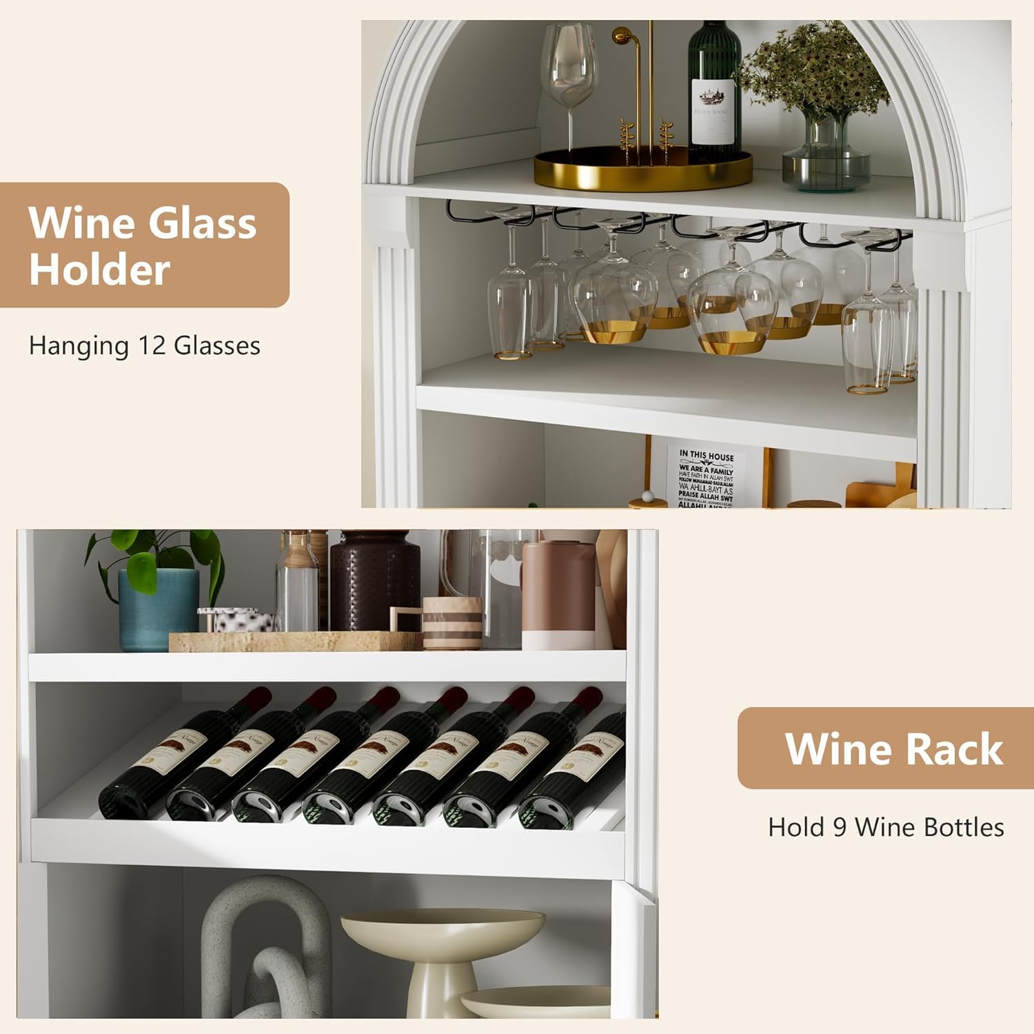 Vlsrka Arched Cabinet, Kitchen Pantry Cabinets with Open & Adjustable Shelves, Induction 3 Color Lights (White A)