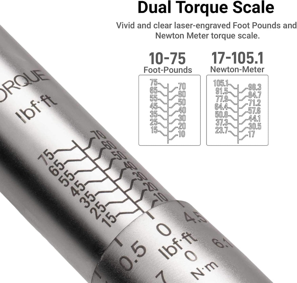 Capri Tools 31201 15-75 Foot Pound Industrial Torque Wrench Drive, 3/8' Drive, Matte Chrome