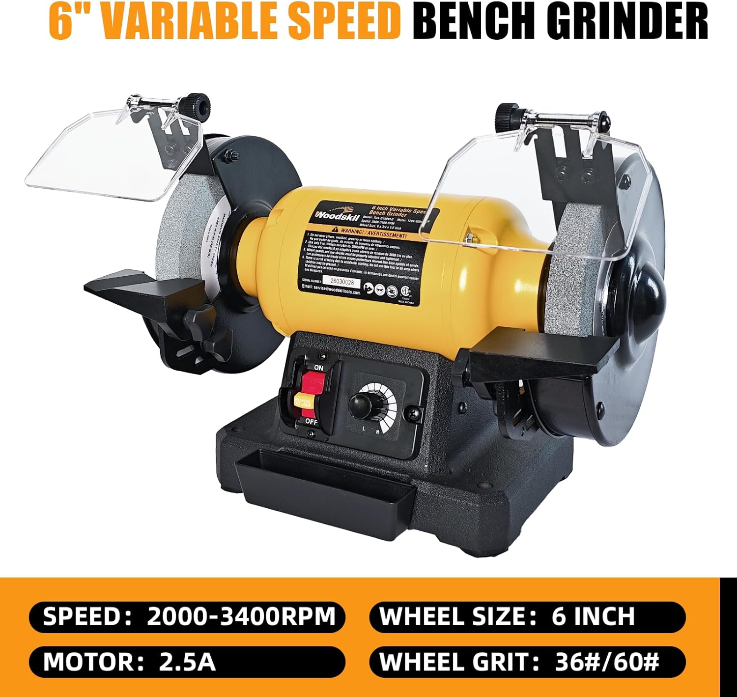 Woodskil 6 Inch Variable Speed Bench Grinder, 2000–3400 RPM Adjustable Speed, 2.5A Motor, Dual Grinding Wheels 36 & 60 Grit, Adjustable Tool Rest, Eye Shield for Sharpening Knives, Tools, Metal