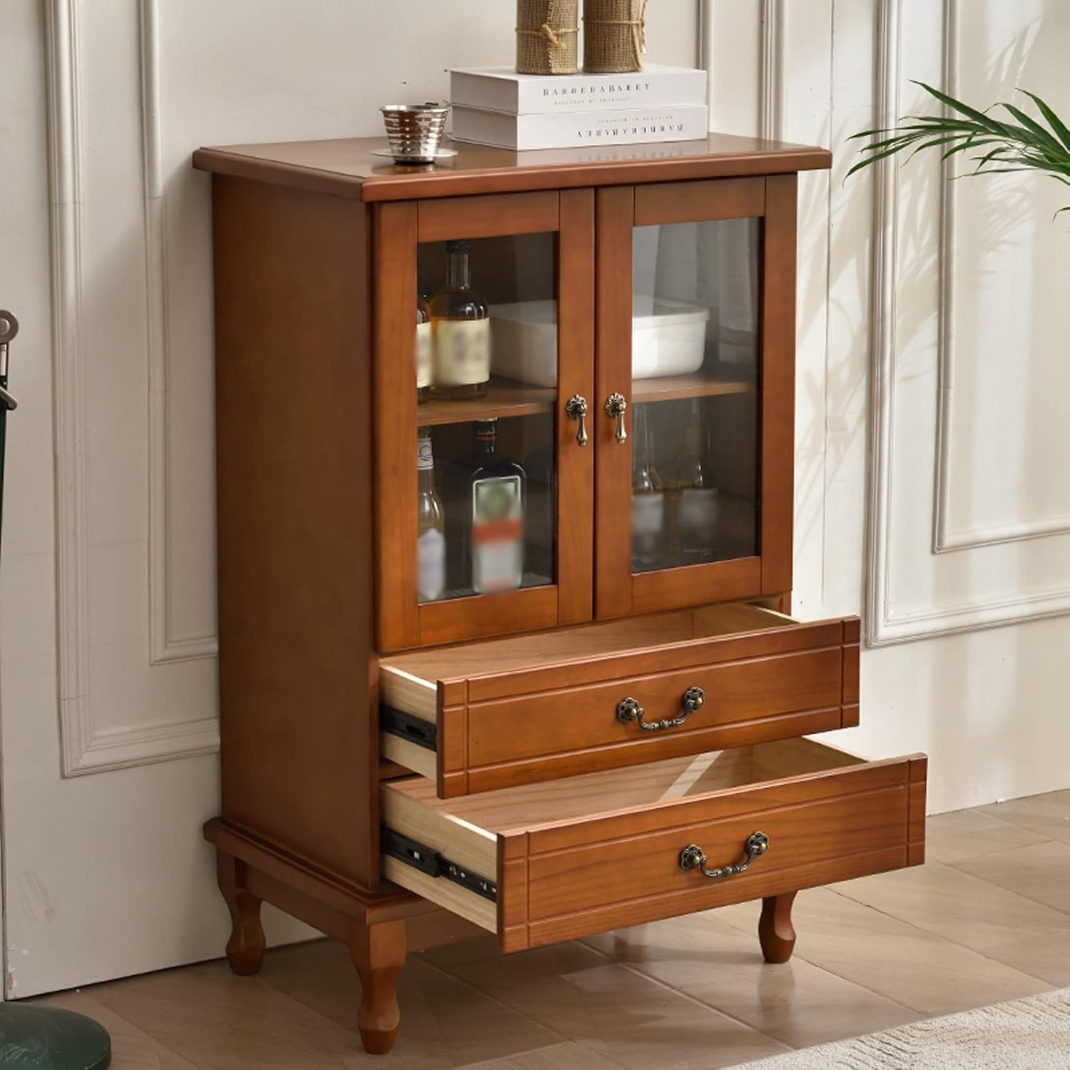 Wine Bar Rack Cabinet Wooden Wine Cabinet with Double Drawers Home Simple Two-Door Wine Bar Cabinet Small Storage Sideboard Wine Bakers Rack Wine Rack Wine Cabinet