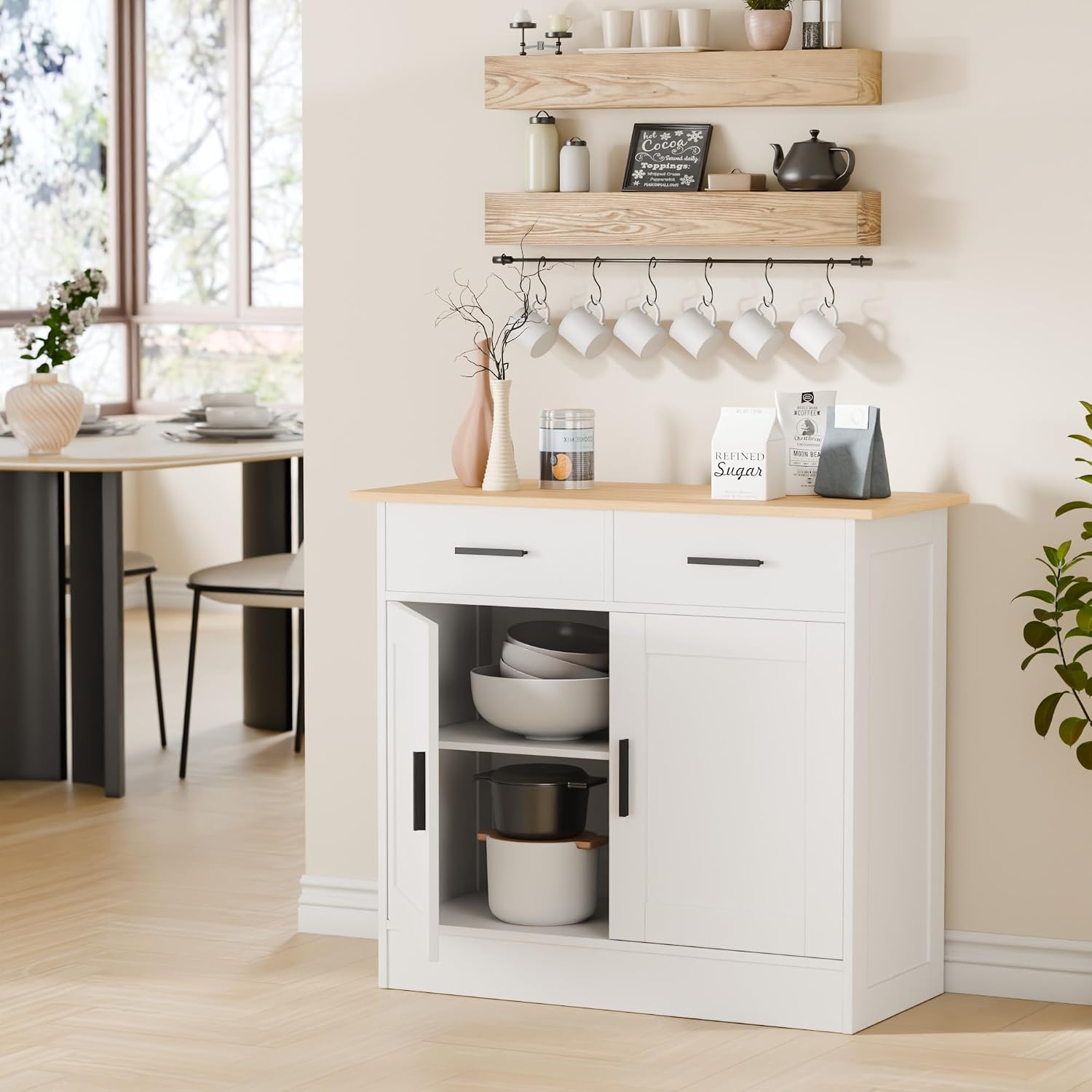 Buffet Cabinet with Storage - Buffets & Sideboards Kitchen Storage Cabinet, Wood Console Table Coffee Bar Accent Cabinets for Living Room Dining Room Entryway Small 2 Doors & Drawers, White 35.4'W