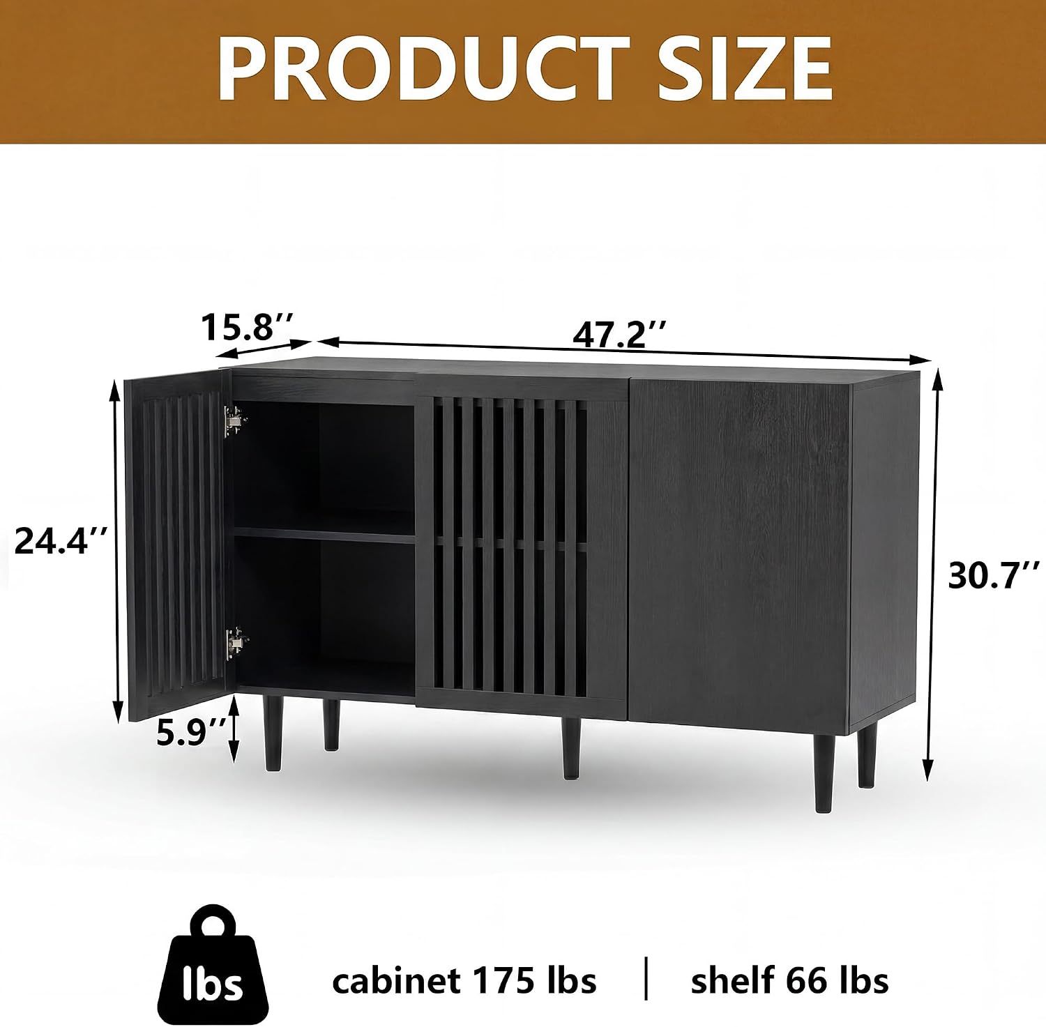 CHUWELL Modern Storage Cabinet, 47.2' Buffet Cabinet with 3 DIY Doors and Adjustable Shelf, Sideboard Coffee Bar with Solid Wood Feet for Kitchen,Dining Room,Living Room,Black