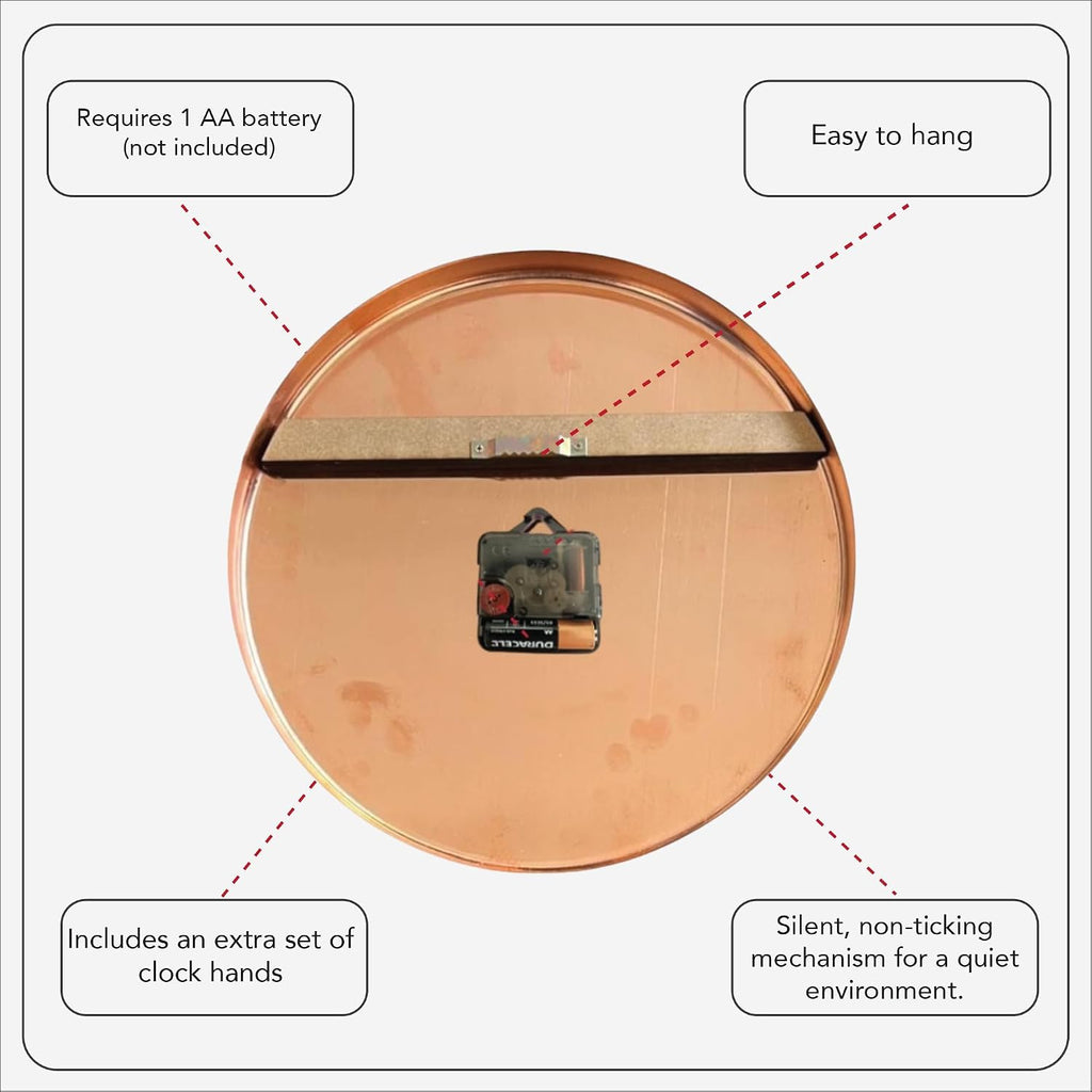 Handmade Pure Copper Wall Clock for Home Decoration, Decor Clock for Living Room, Bedroom and Kitchen, Rustic Decorative Mural Clock Art for Farmhouse (Big Numbers, 17.7)