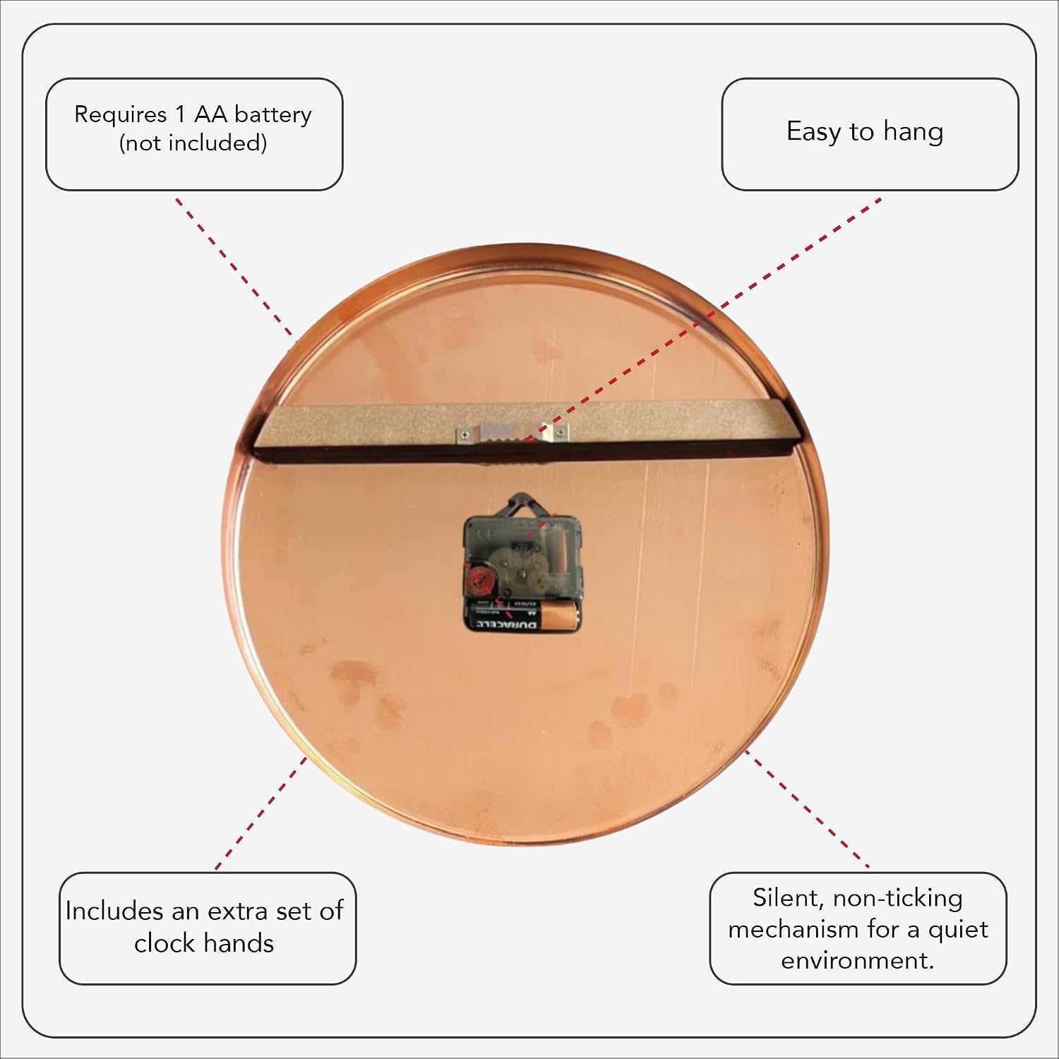 Handmade Pure Copper Wall Clock for Home Decoration, Decor Clock for Living Room, Bedroom and Kitchen, Rustic Decorative Mural Clock Art for Farmhouse (Big Numbers, 17.7)
