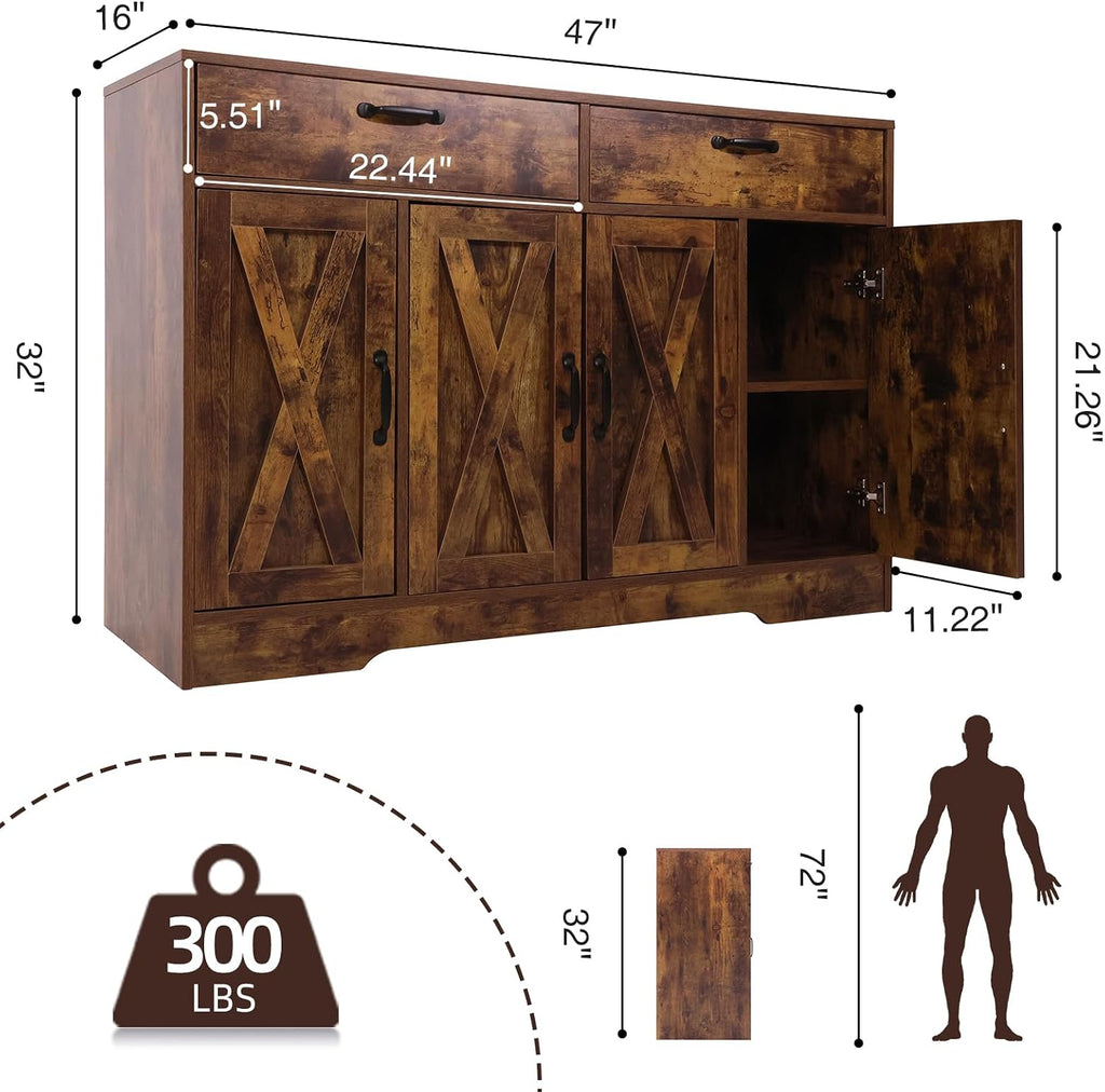 Sideboard Cabinet with Drawers, 47' W Sideboard Buffet Storage Cabinet with Storage for Kitchen, Farmhouse Coffee Bar Cabinets with Shlves and Doors Hallway, Brown