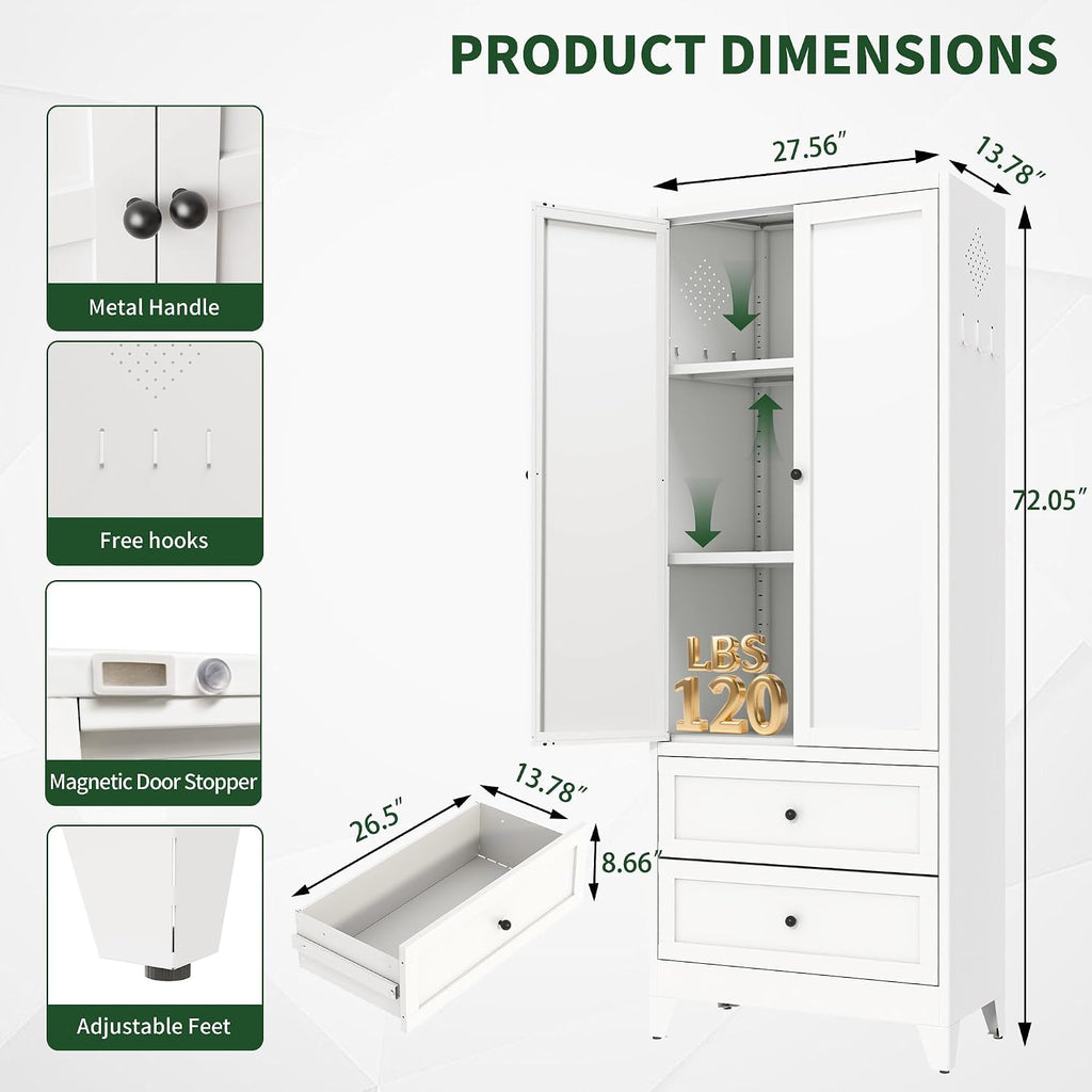 72' Tall Kitchen Pantry Cabinet,White Metal Pantry Cabinet with 2 Drawers & 2 Adjustable Shelves,Utility Storage Cabinet for Living Room,Garage,Basement