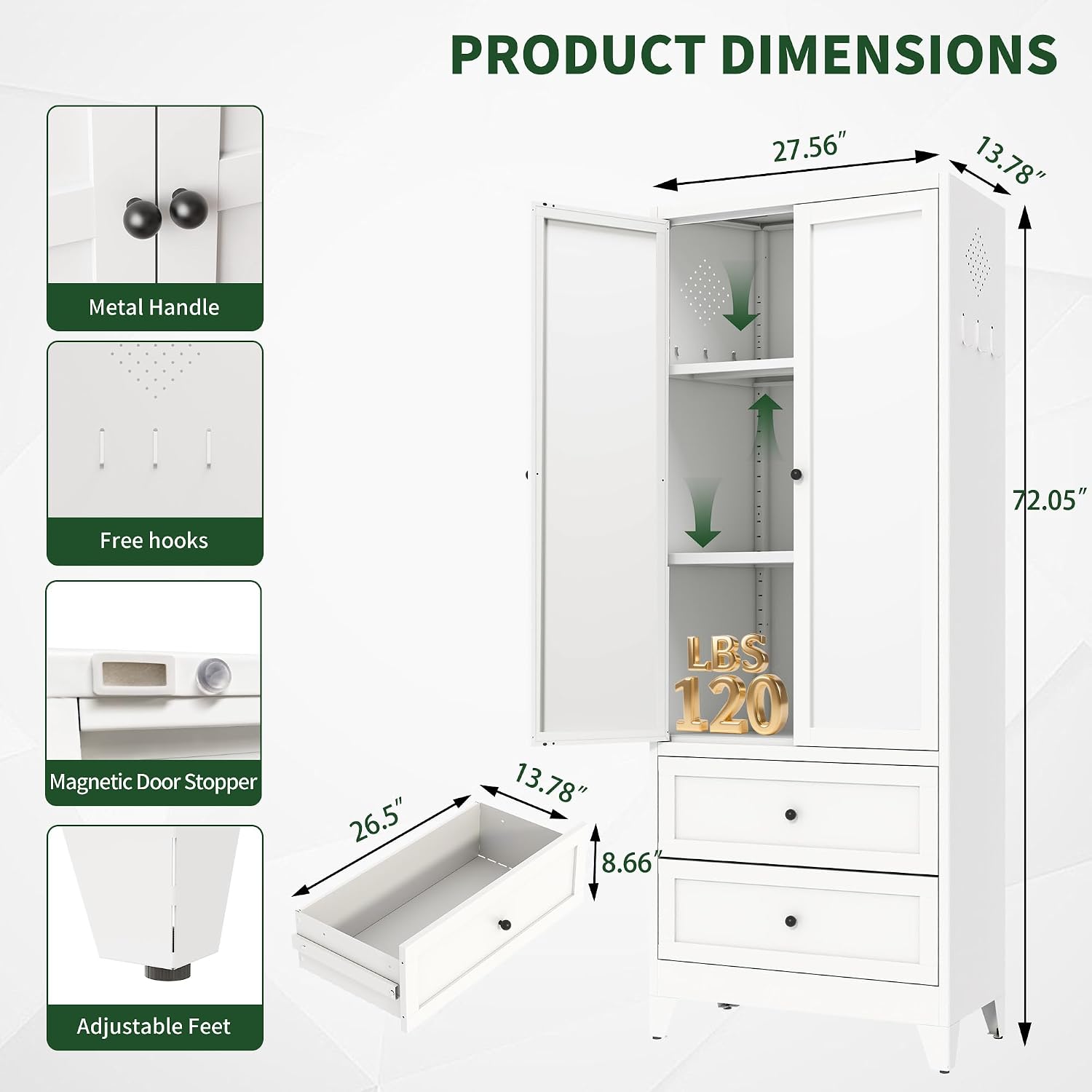 72' Tall Kitchen Pantry Cabinet,White Metal Pantry Cabinet with 2 Drawers & 2 Adjustable Shelves,Utility Storage Cabinet for Living Room,Garage,Basement