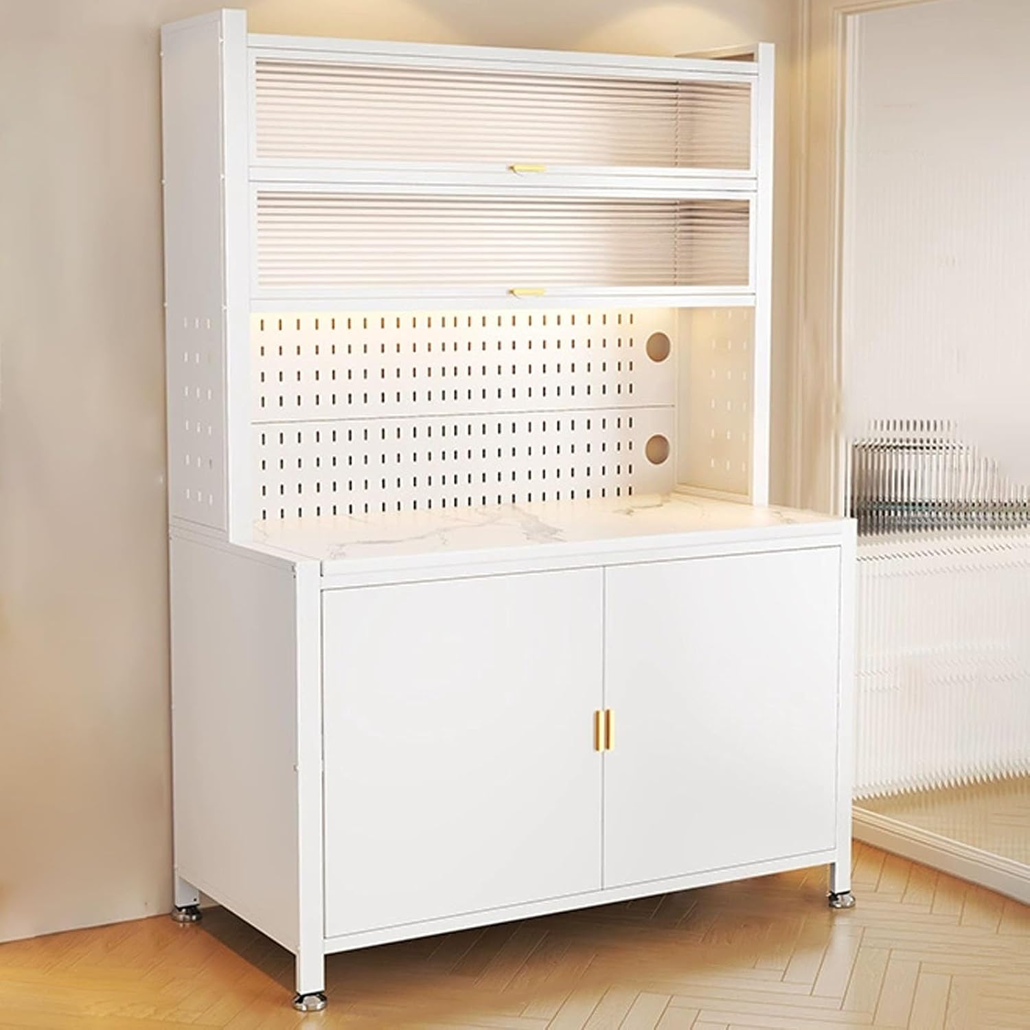 JKGHK Kitchen Storage Sideboard Cabinet, Tall Bakers Rack Countertop with Stone Slab Countertop, Standing Pantry with Pegboard and Adjustable Shelves for Home Coffee Bar(White,24x72in)