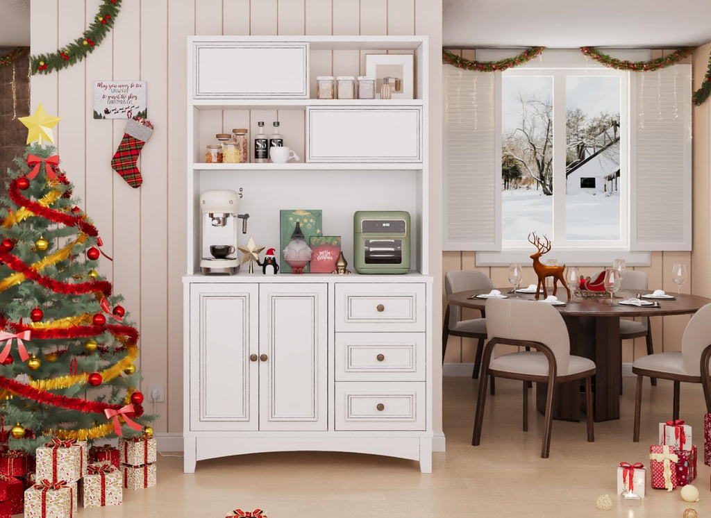 BLANKSPACE 71' Tall Kitchen Pantry Cabinet with Microwave Shelf Built-in Charging Station, Sliding Door Cabinet with Drawer Storage Organizer/Adjustable Shelves for Dining Room, Living Room