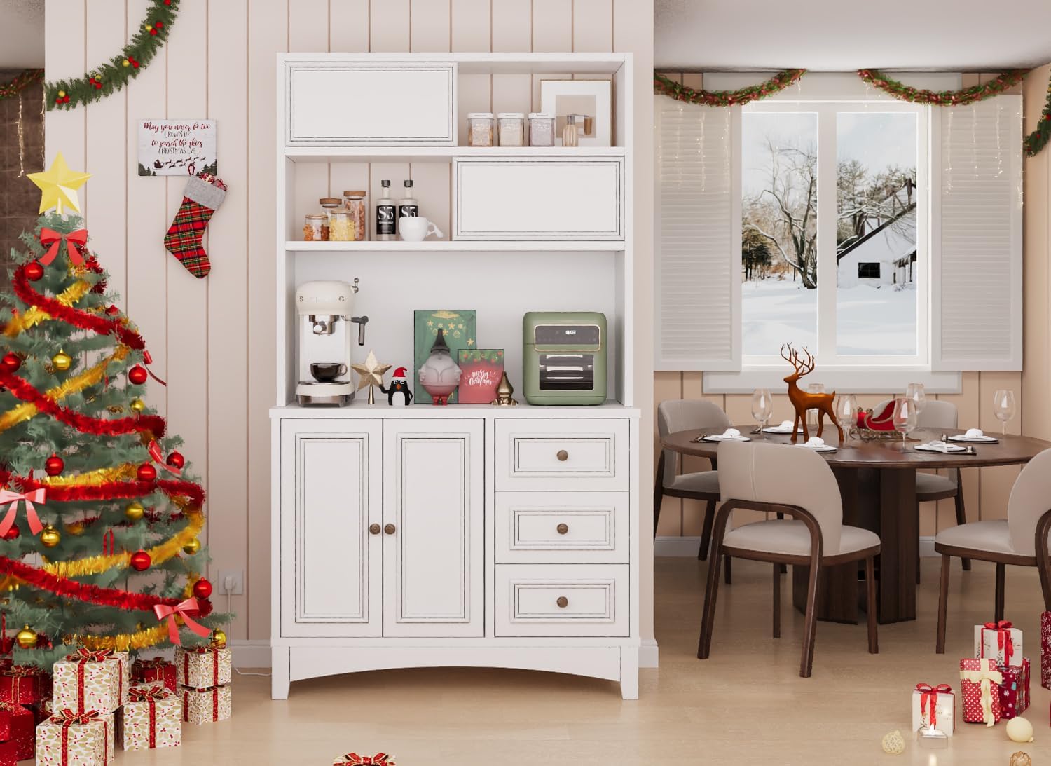 BLANKSPACE 71' Tall Kitchen Pantry Cabinet with Microwave Shelf Built-in Charging Station, Sliding Door Cabinet with Drawer Storage Organizer/Adjustable Shelves for Dining Room, Living Room