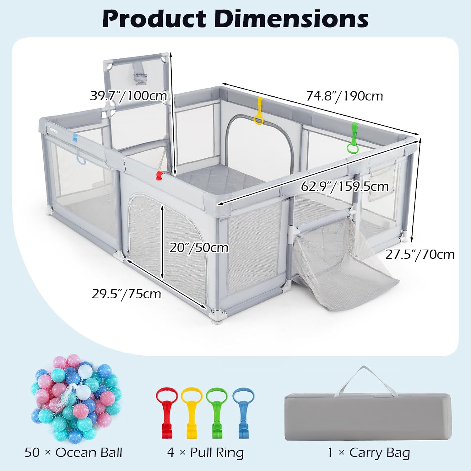 INFANS 74' x 62' Baby Playpen with Soft Mat, Basketball Hoop, 2 Soccer Goals, 4 Handles & 50 Ocean Balls, Breathable Mesh, Indoor & Outdoor Large Play Yard for Toddlers (Moon Light)