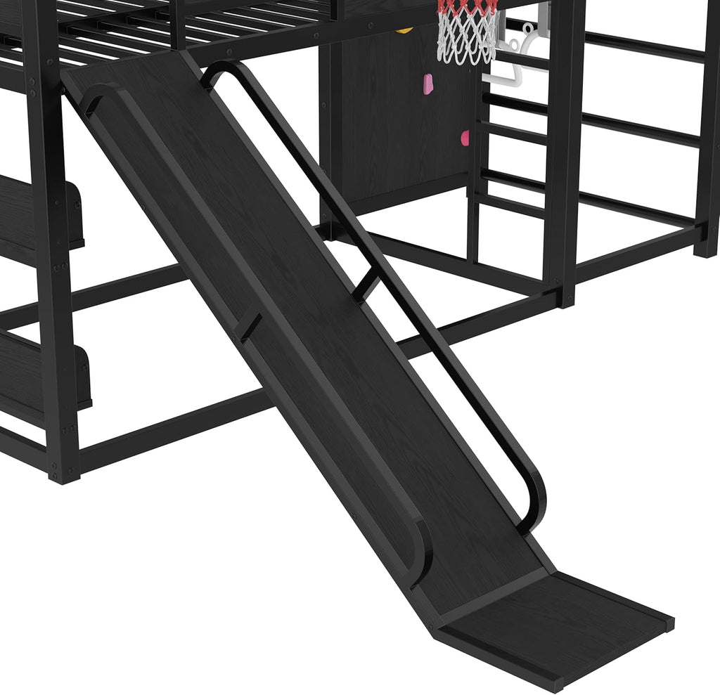 Metal Twin Over Twin Bunk Bed with Slide and Bookshelf, Modern Heavy Duty Bunk Bed with Basketball Hoop, Pull-Up Rings and Climbing Wall, Low Playhouse Loft Bed for Kids, Black