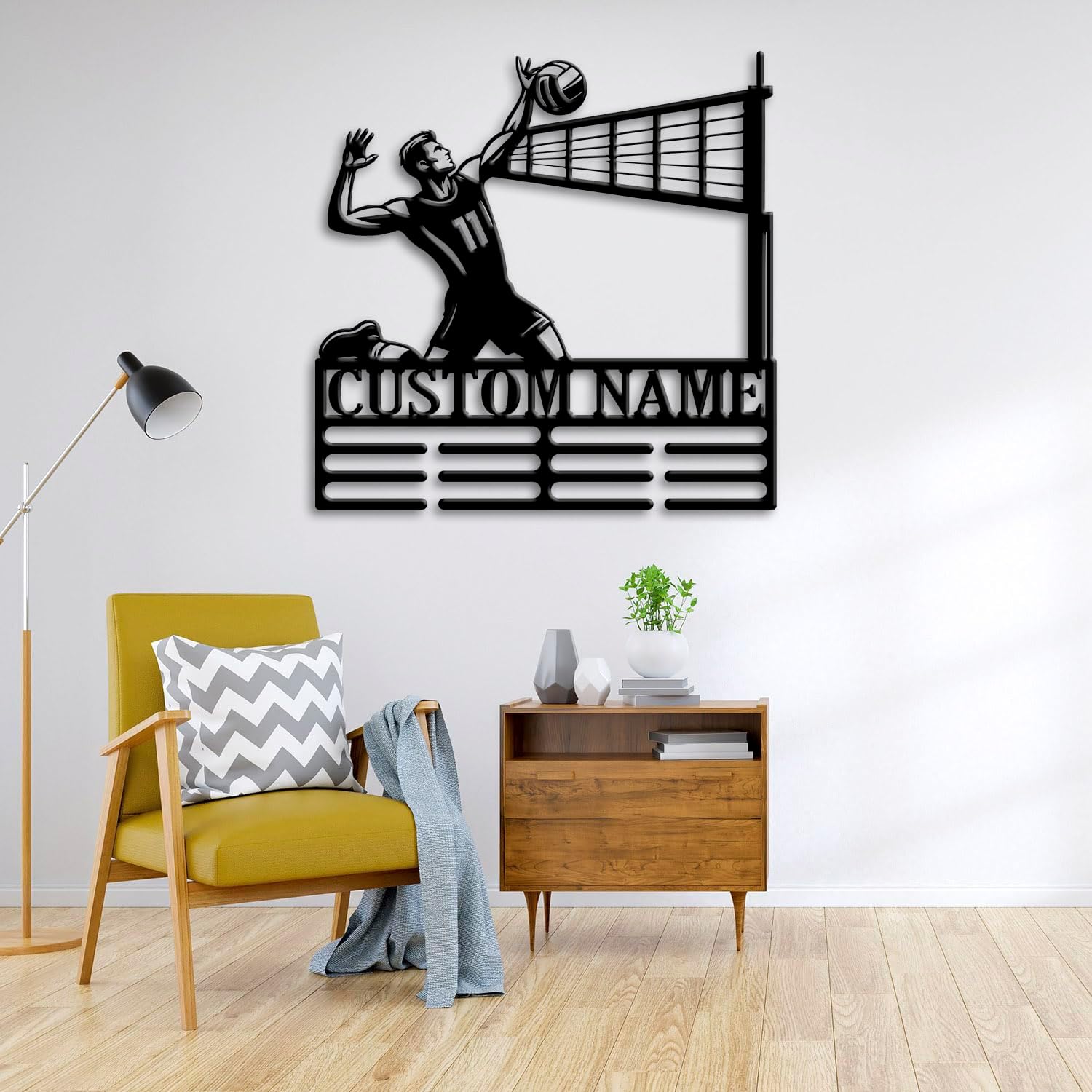 Custom Volleyball Medal Holder LED Light, Volleyball Player Name Medal Hanger Display, Rack For Tiered Award Ribbon, Metal Sign Gift For Athlete Artwork