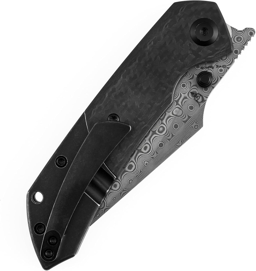 KANSEPT Fenrir Pocket Knife, 3.48' Damascus Blade with Twill Carbon Fiber Handle, Liner Lock and Thumb Stud, Lightweight EDC Tool for Camping, Outdoor Use and Everyday Carry, Gift for Men K1034D1