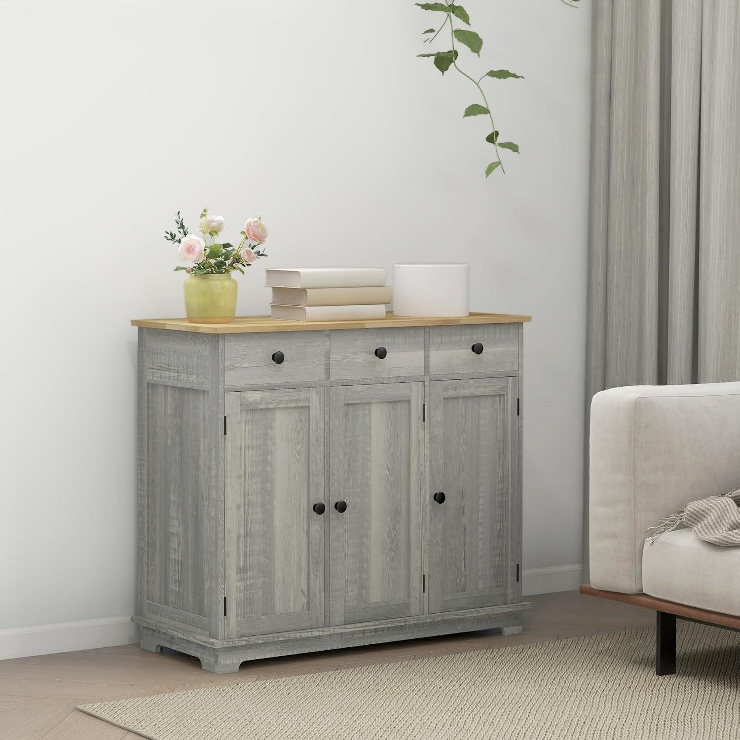 HOMCOM Sideboard Buffet Cabinet with Solid Wood Countertop, Modern Kitchen Storage Cabinet, Coffee Bar Cabinet with 3 Drawers, Doors and Adjustable Shelf, Distressed Light Gray