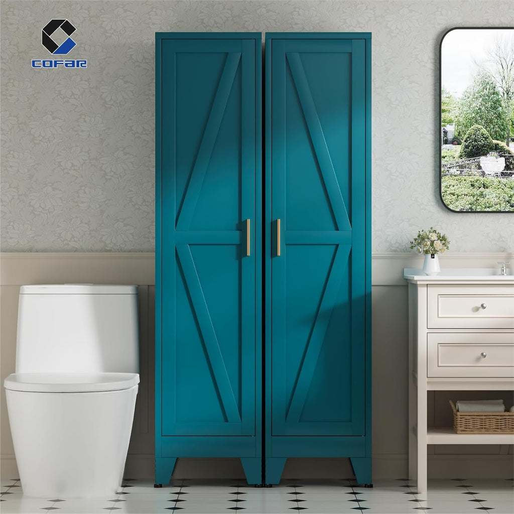 COFaR 67'' Tall Narrow Bathroom Storage Cabinet, Metal Farmhouse Skinny Pantry Cabinet with 4 Adjustable Shelves and One Door, Slim Cabinet Storage for Kitchen Laundry, 5-Tier Peacock Blue
