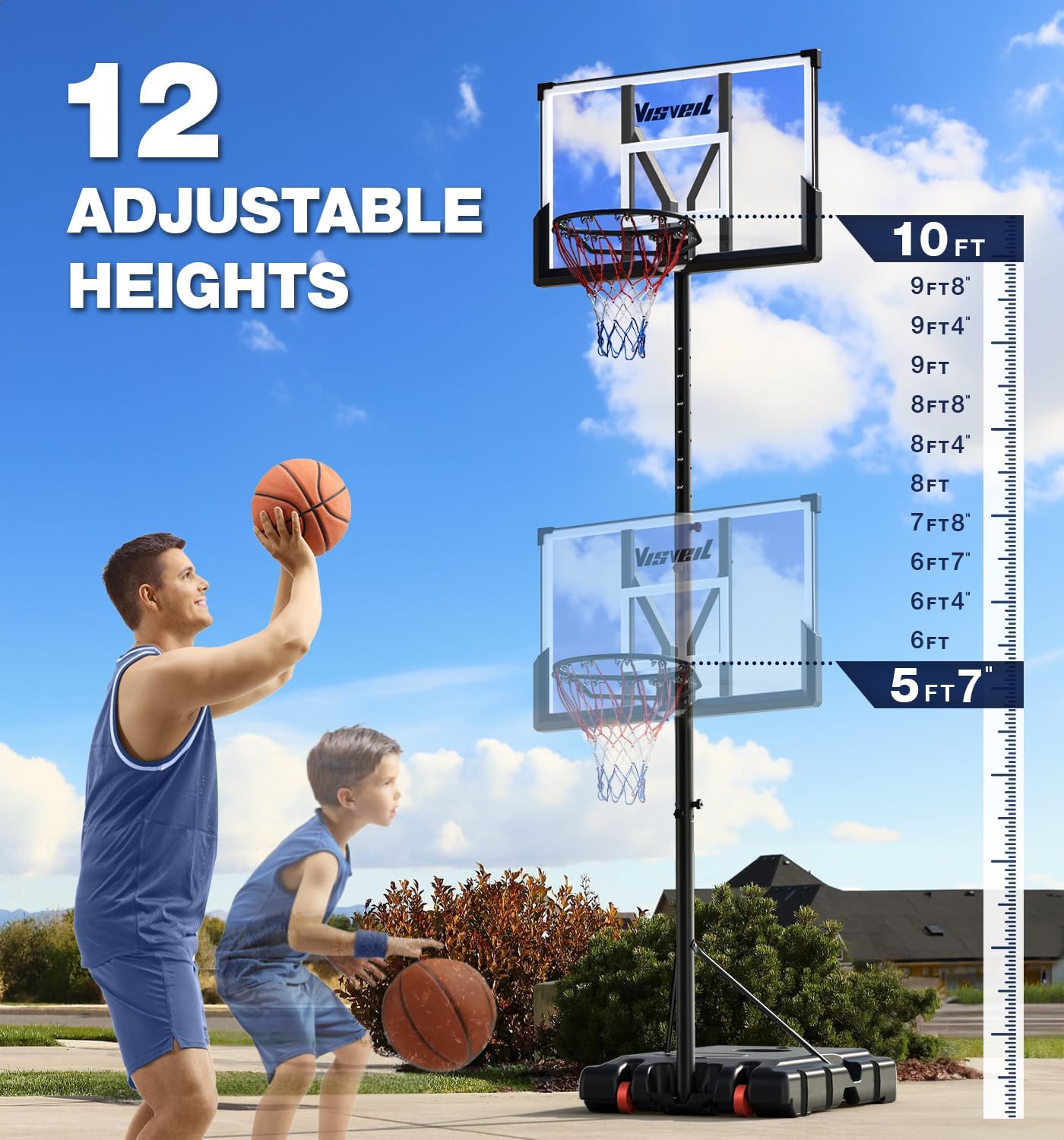 Basketball Hoop,Portable Basketball Hoop System for Outdoor, Adjustable Height 5.7-10ft 45in Backboard Basketball Goal for Kids Teen and Adult-Jet Black