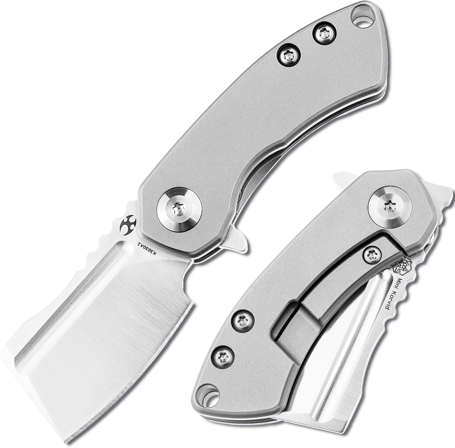 KANSEPT Knives Mini Korvid Cleaver Mini Pocket Knife for Men 1.45'' Satin CPM-S35VN Blade,Bead Blasted Titanium Handle,EDC Folding Knife K3030A2