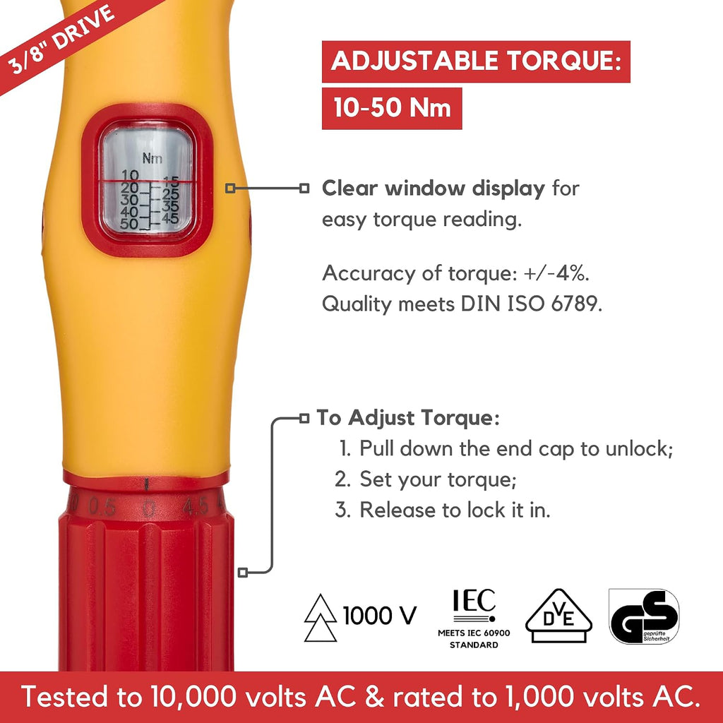 FESA Electrician Insulated Torque Wrench - 1000V Electrician Torque Wrench w/Easy Torque Adjustment & Scale Display - Each Insulated Wrench Has ID for Traceability (3/8' Drive, 10-50 Nm Range)