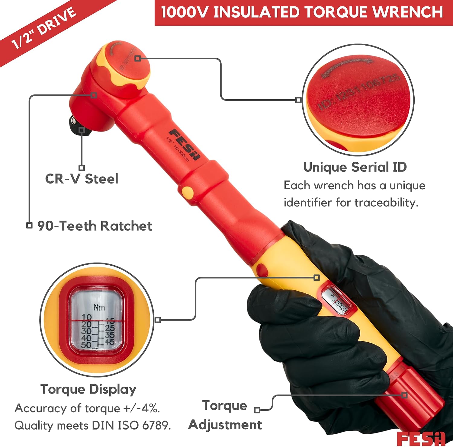 FESA Insulated Torque Socket Set - 16-Piece 1000V Insulated Tool Set w/ 1/2' Drive Insulated Torque Wrench (10-50 Nm), 7 Metric Sockets, 5 Hex Bit Sockets, 2 Extension Bars, T-Handle & Protective Case