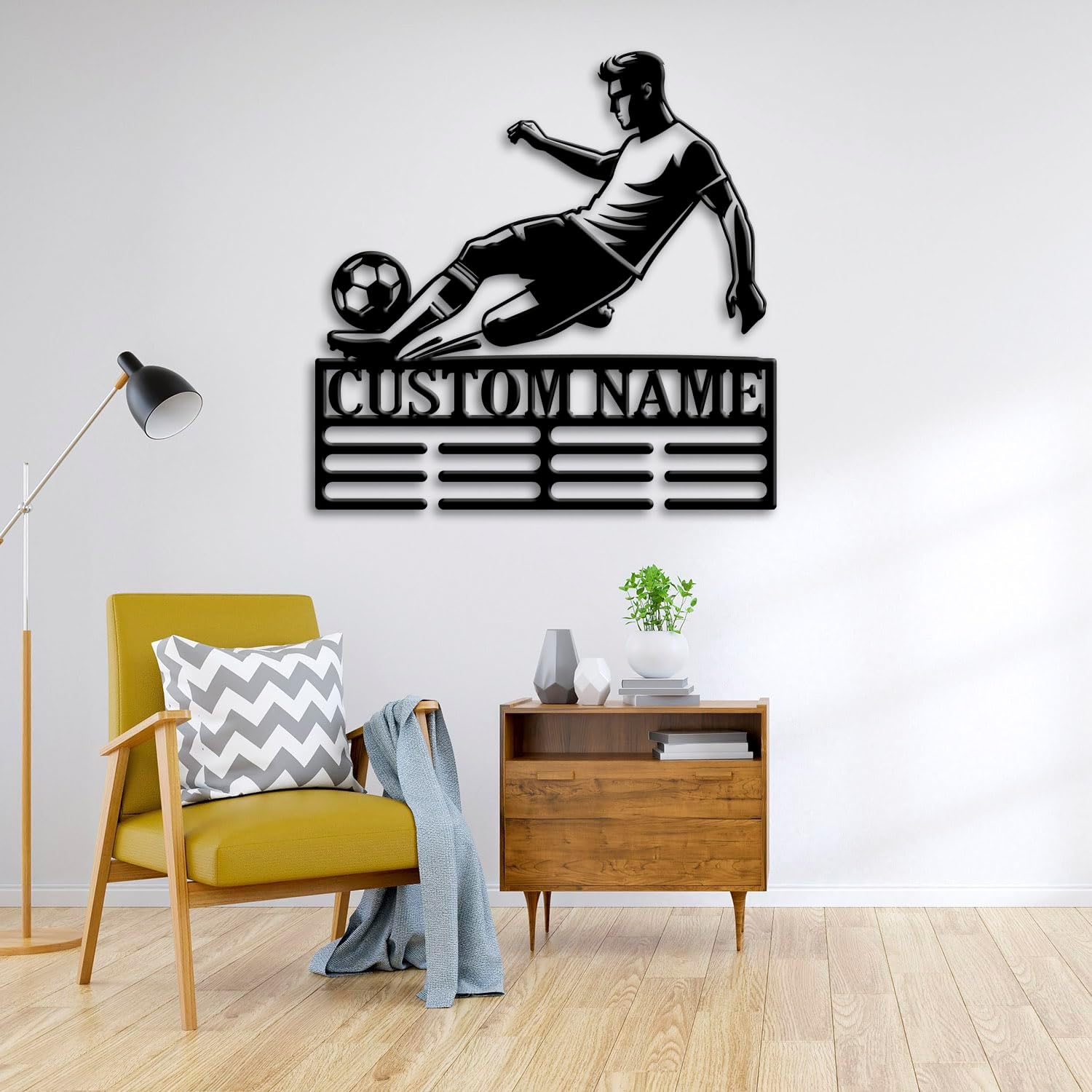Custom Soccer Medal Holder LED Light, Soccer Player Name Medal Hanger Display, Rack For Tiered Award Ribbon, Metal Sign Gift For Athlete Artwork