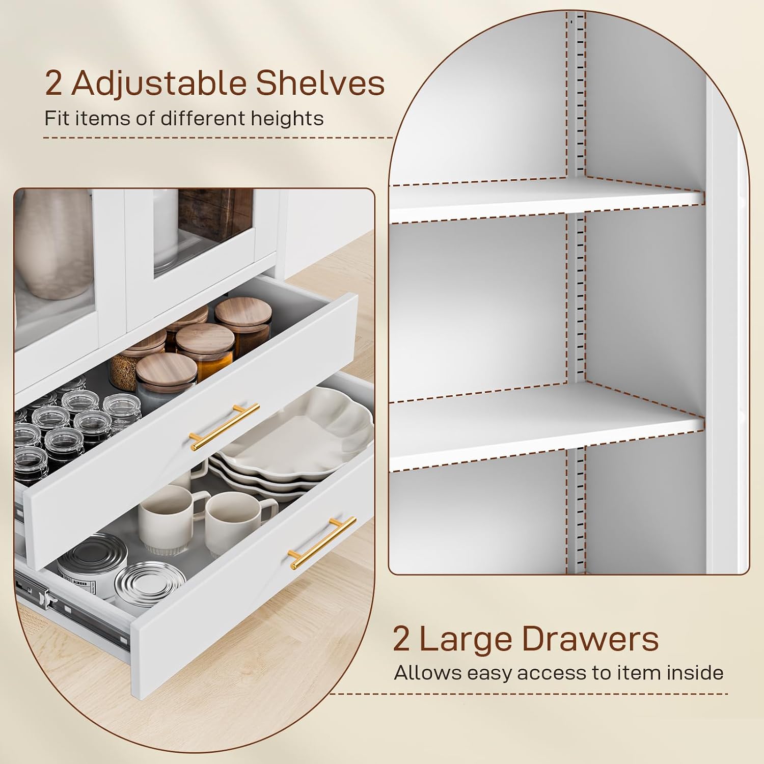 Holiwei Metal Storage Cabinet, 73' Arched Kitchen Pantry Organizer with 2 Drawers & 2 Adjustable Shelves, Freestanding Display Cabinet for Living Room