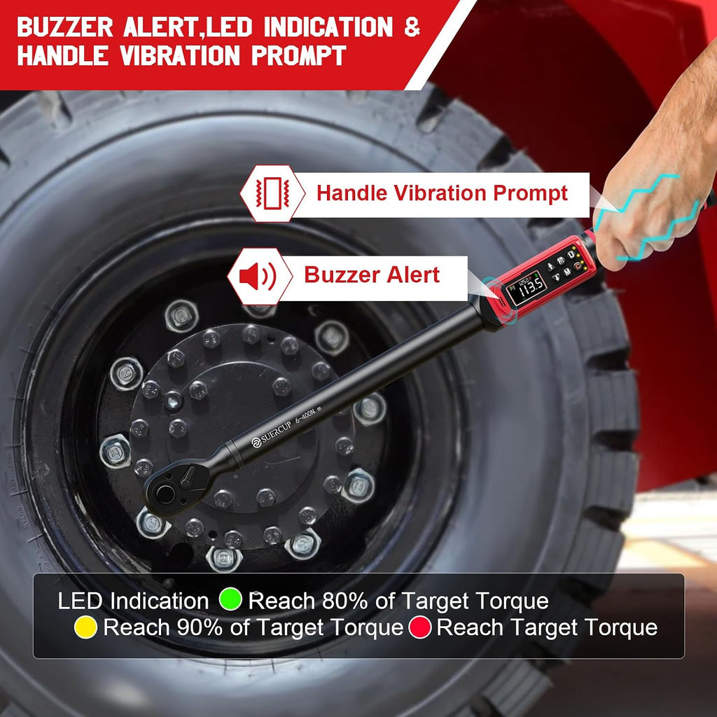 SUERCUP 1/2' Digital Torque Wrench (4.4-295 Ft.lb / 6-400Nm) for Auto/Truck | ±1% Accuracy with Vibration/Buzzer/LED Alerts, 9 Presets & 5 Units, for Engine, Suspension, Trailer & Industrial Assembly