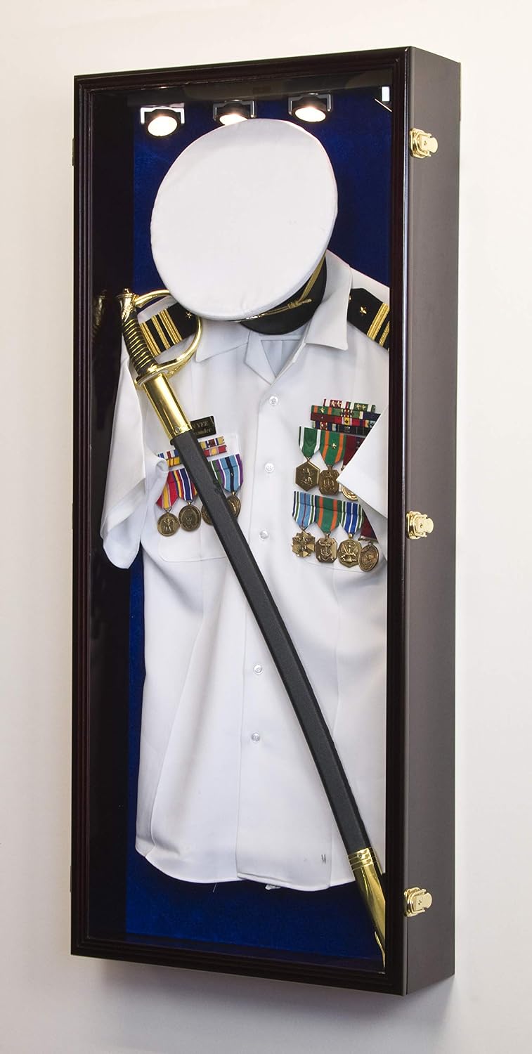 Military Shadow Box Display Case Uniform Cap Hat Sword Medals Cabinet Wall Frame - Lockable (Cherry Finish, Blue Felt Background)