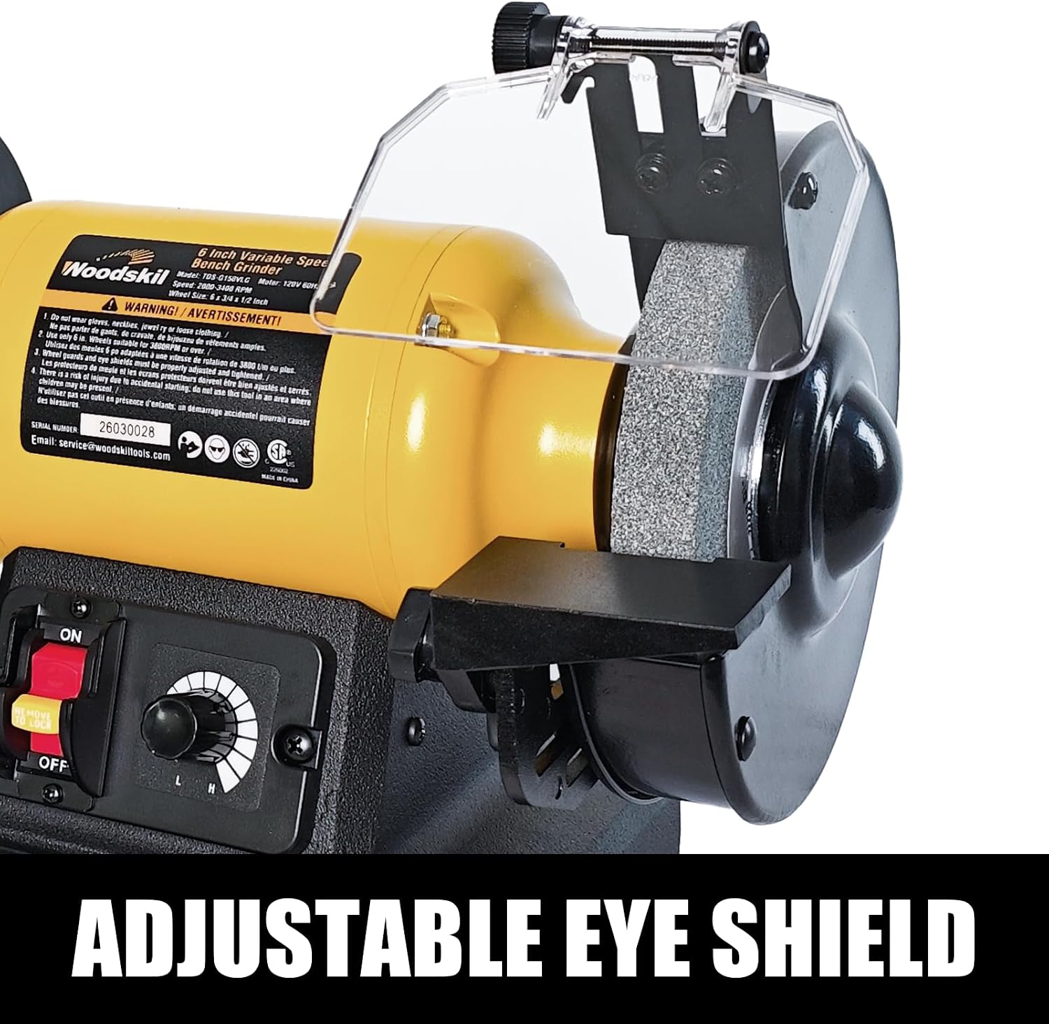 Woodskil 6 Inch Variable Speed Bench Grinder, 2000–3400 RPM Adjustable Speed, 2.5A Motor, Dual Grinding Wheels 36 & 60 Grit, Adjustable Tool Rest, Eye Shield for Sharpening Knives, Tools, Metal