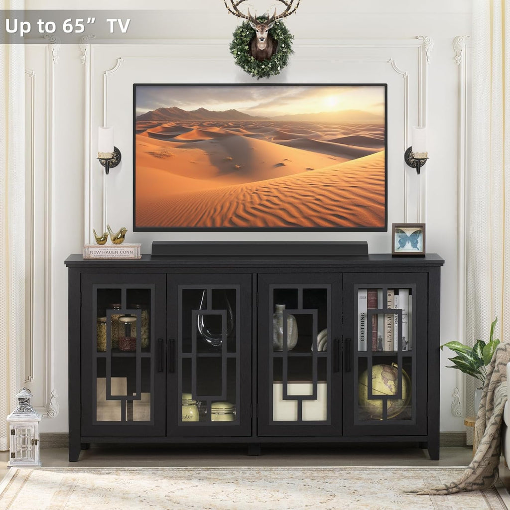 Joaxswe Large Sideboard Buffet Cabinet with Storage, 63' Black Farmhouse Kitchen Coffee Wine Bar Cabinet with 4 Glass Doors, Mid Century Modern Wooden Side Board Table for Dining Room, Living Room