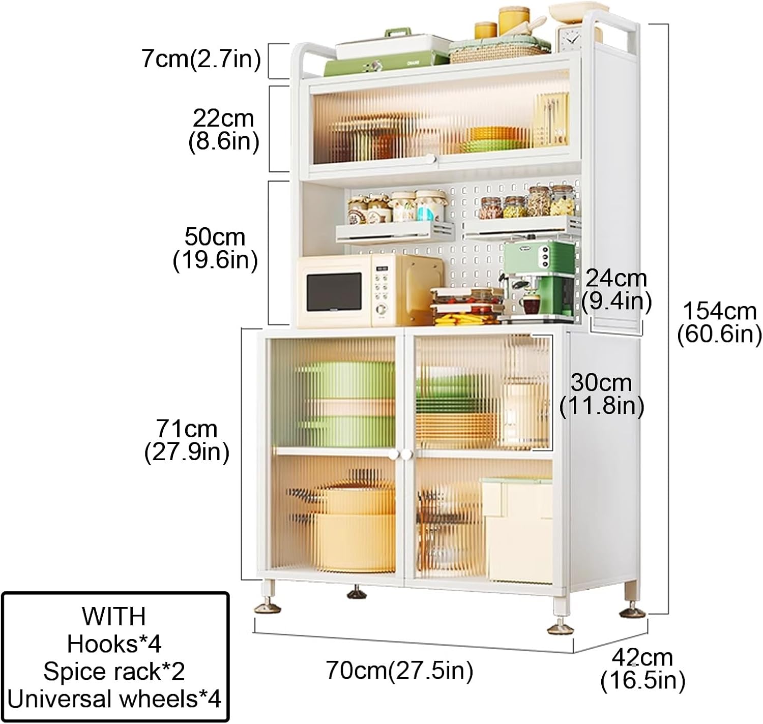 Kitchen Coffee Bar Cabinet with Storage, Bar Cabinet with Storage Kitchen Cabinet, with Drawers, 2 Spice Racks + 4 Hooks + 4 Wheels(Black,70cm)